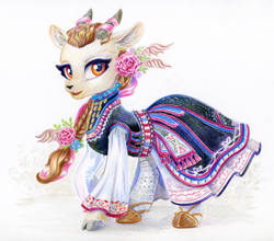 Size: 1378x1213 | Tagged: safe, artist:maytee, oc, oc only, goat, braid, bulgaria, clothes, cloven hooves, colored ear fluff, colored pencil drawing, commission, doe, dress, ear fluff, female, flower, flower in hair, goat oc, looking at you, shoes, simple background, solo, traditional art, traditional dress, white background
