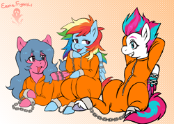 Size: 3500x2500 | Tagged: safe, artist:eerie.frightful, firefly, rainbow dash, zipp storm, g1, g4, g5, chained, chains, clothes, commissioner:rainbowdash69, cuffs, jumpsuit, never doubt rainbowdash69's involvement, prison outfit, prisoner rd, prisoner zipp, shackles, trio, zipp and her heroine