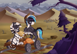 Size: 4961x3508 | Tagged: safe, artist:haruh_ink, oc, oc only, oc:squall windfeather, oc:zahara, pegasus, zebra, fallout equestria, absurd resolution, bag, cloud, cloudy, cowboy hat, dead tree, desert, hat, looking back, map, melancholy, mountain, overcast, pegasus oc, post-apocalyptic, railroad, rock, saddle bag, scenery, story included, tree, zebra oc