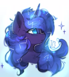 Size: 2317x2560 | Tagged: safe, artist:lunylin, princess luna, alicorn, pony, g4, bust, chest fluff, constellation hair, ear fluff, eye clipping through hair, female, halation, high res, horn, mare, no pupils, portrait, profile, side view, solo, starry mane