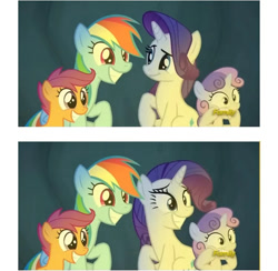 Size: 1080x1053 | Tagged: safe, screencap, rainbow dash, rarity, scootaloo, sweetie belle, pegasus, pony, unicorn, campfire tales, g4, cute, cutealoo, dashabetes, diasweetes, discovery family, discovery family logo, female, filly, foal, logo, mare, raribetes, watermark