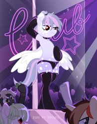 Size: 3000x3854 | Tagged: safe, artist:ghostpikachu, oc, oc only, oc:leila, pegasus, pony, semi-anthro, base artist:seurnik, base used, bipedal, clothes, club, collar, dancing, female, high res, mare, panties, party, pegasus oc, pole, pole dancing, red eyes, sexy, socks, solo focus, spotlight, spread wings, stockings, stripper pole, thigh highs, underwear, vitiligo, wings