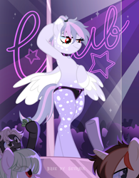 Size: 3000x3854 | Tagged: safe, alternate version, artist:ghostpikachu, oc, oc only, oc:leila, pegasus, pony, semi-anthro, base artist:seurnik, base used, bipedal, clothes, club, collar, dancing, female, high res, mare, panties, party, pegasus oc, pole, pole dancing, red eyes, sexy, solo focus, spotlight, spread wings, stripper pole, underwear, vitiligo, wings