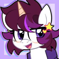 Size: 2000x2000 | Tagged: safe, artist:saveraedae, oc, oc only, oc:savvy star, unicorn, bust, hairclip, looking at you, open mouth, orange fur, portrait, purple background, purple eyes, simple background, smiling, solo, white fur