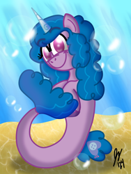 Size: 1620x2160 | Tagged: safe, artist:jesslmc16, izzy moonbow, seapony (g4), unicorn, g5, art, bubble, comic, digital art, dorsal fin, female, fin, fish tail, floating, flowing mane, flowing tail, hooves, looking at you, mare, ocean, procreate app, sand, seaponified, seapony izzy moonbow, shading, signature, smiling, smiling at you, solo, species swap, tail, underwater, water