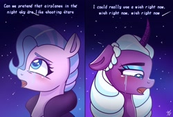 Size: 2048x1382 | Tagged: safe, artist:galaxy swirl, opaline arcana, queen haven, alicorn, pegasus, pony, g5, airplanes (song), crack shipping, crying, dialogue, duo, duo female, female, lesbian, mare, meme, night, night sky, sad, ship:havenline, shipping, sky