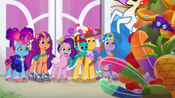 Size: 3072x1727 | Tagged: safe, screencap, hitch trailblazer, izzy moonbow, misty brightdawn, pipp petals, sparky sparkeroni, sunny starscout, zipp storm, dragon, earth pony, pegasus, pony, unicorn, g5, heavy is the mane that wears the fruit crown, my little pony: tell your tale, spoiler:g5, spoiler:my little pony: tell your tale, spoiler:tyts02e02, baby, baby dragon, crystal brighthouse, eyebrows, female, frown, male, mane five, mane seven (g5), mane six (g5), mane stripe sunny, mare, open mouth, papa hitch, raised eyebrow, rebirth misty, roller skates, skates, stallion