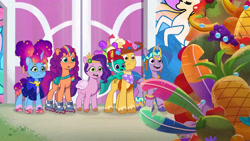 Size: 3072x1727 | Tagged: safe, screencap, hitch trailblazer, izzy moonbow, misty brightdawn, pipp petals, sparky sparkeroni, sunny starscout, zipp storm, dragon, earth pony, pegasus, pony, unicorn, g5, heavy is the mane that wears the fruit crown, my little pony: tell your tale, spoiler:g5, spoiler:my little pony: tell your tale, spoiler:tyts02e02, baby, baby dragon, crystal brighthouse, female, frown, male, mane five, mane seven (g5), mane six (g5), mane stripe sunny, mare, open mouth, open smile, papa hitch, rebirth misty, roller skates, skates, smiling, stallion