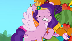 Size: 3072x1727 | Tagged: safe, screencap, pipp petals, pegasus, pony, g5, heavy is the mane that wears the fruit crown, my little pony: tell your tale, spoiler:g5, spoiler:my little pony: tell your tale, spoiler:tyts02e02, eyes closed, female, flying, frown, mare, solo, spread wings, wings