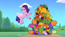 Size: 3072x1727 | Tagged: safe, screencap, pipp petals, pegasus, pony, g5, heavy is the mane that wears the fruit crown, my little pony: tell your tale, spoiler:g5, spoiler:my little pony: tell your tale, spoiler:tyts02e02, eyebrows, female, flying, frown, mare, raised eyebrow, solo, spread wings, wings