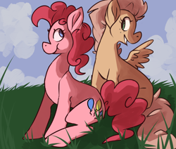 Size: 2600x2200 | Tagged: safe, artist:piyto, pinkie pie, oc, earth pony, pegasus, pony, g4, duo, female, grass, grin, high res, mare, puffy cheeks, sitting, smiling