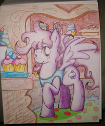 Size: 2442x2928 | Tagged: safe, artist:foxbeast, oc, oc only, pegasus, clothes, cupcake, food, grin, high res, pegasus oc, raised hoof, smiling, solo, spread wings, traditional art, wings