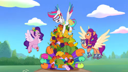 Size: 3072x1727 | Tagged: safe, screencap, pipp petals, sunny starscout, zipp storm, alicorn, pegasus, pony, g5, heavy is the mane that wears the fruit crown, my little pony: tell your tale, spoiler:g5, spoiler:my little pony: tell your tale, spoiler:tyts02e02, eyes closed, female, flying, goggles, mane stripe sunny, mare, open mouth, open smile, race swap, roller skates, royal sisters (g5), siblings, sisters, skates, smiling, spread wings, sunnycorn, trio, trio female, wings