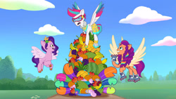 Size: 3072x1727 | Tagged: safe, screencap, pipp petals, sunny starscout, zipp storm, alicorn, pegasus, pony, g5, heavy is the mane that wears the fruit crown, my little pony: tell your tale, spoiler:g5, spoiler:my little pony: tell your tale, spoiler:tyts02e02, female, flying, goggles, grin, mane stripe sunny, mare, open mouth, open smile, race swap, roller skates, royal sisters (g5), siblings, sisters, skates, smiling, spread wings, sunnycorn, trio, trio female, wings