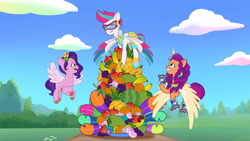 Size: 3072x1727 | Tagged: safe, screencap, pipp petals, sunny starscout, zipp storm, alicorn, pegasus, pony, g5, heavy is the mane that wears the fruit crown, my little pony: tell your tale, spoiler:g5, spoiler:my little pony: tell your tale, spoiler:tyts02e02, female, flying, goggles, grin, lip bite, mane stripe sunny, mare, open mouth, open smile, race swap, roller skates, royal sisters (g5), siblings, sisters, skates, smiling, spread wings, sunnycorn, trio, trio female, wings
