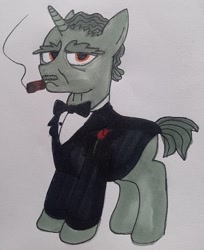Size: 724x889 | Tagged: safe, artist:dhm, pony, unicorn, bowtie, cigar, clothes, facial hair, flower, looking at you, mafia, male, marker drawing, marlon brando, moustache, movie reference, older, pen drawing, ponified, rose, smoke, smoking, solo, stallion, suit, the godfather, traditional art, tuxedo, wrinkles