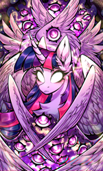 Size: 3000x5000 | Tagged: safe, artist:rico_chan, twilight sparkle, alicorn, angel, pony, seraph, seraphicorn, g4, biblically accurate angels, eye, eyes, eyes do not belong there, goddess, multiple wings, nimbus, phone wallpaper, solo, twilight sparkle (alicorn), wallpaper, white eyes, wings