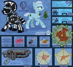 Size: 1800x1664 | Tagged: safe, artist:devorierdeos, artist:kotawhiteman, oc, oc only, oc:yolochka, earth pony, fish, salmon, fallout equestria, alcohol, armor, chest fluff, christmas, christmas tree, cryolator, cutie mark, dog tags, drink, drugs, earth pony oc, female, fluffy, food, gun, holiday, jin, mare, mech, mecha hitler, military, mint-als, power armor, reference sheet, s.p.e.c.i.a.l., short hair, skull, soldier, stats, steel ranger, tree, weapon
