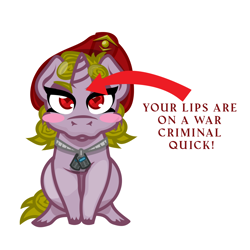 Size: 1000x1000 | Tagged: safe, artist:devorierdeos, oc, oc only, oc:galla steel, unicorn, fallout equestria, beret, chibi, dog tags, hat, meme, military, place lips here meme, red eye army, simple background, solo, war criminal, white background