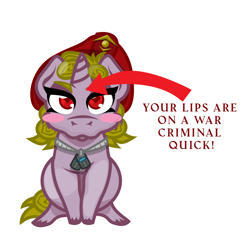 Size: 1000x1000 | Tagged: safe, artist:devorierdeos, oc, oc only, oc:galla steel, pony, unicorn, fallout equestria, beret, chibi, dog tags, hat, meme, military, place lips here meme, red eye army, simple background, solo, war criminal, white background