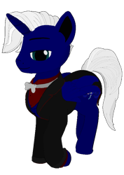 Size: 517x732 | Tagged: safe, artist:nobody number 2, oc, oc only, oc:regal thunder, alicorn, pony, 2024 community collab, derpibooru community collaboration, blue pony, bowtie, clothes, horn, lidded eyes, male, simple background, solo, suit, tail, transparent background, white mane, white tail, wings