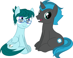 Size: 2068x1656 | Tagged: safe, artist:yoshimon1, derpibooru exclusive, oc, oc only, oc:cloudy bits, oc:shimmer scroll, pegasus, pony, unicorn, 2024 community collab, derpibooru community collaboration, duo, female, folded wings, full body, glasses, grin, horn, male, mare, pegasus oc, show accurate, simple background, sitting, smiling, stallion, tail, transparent background, two toned mane, two toned tail, wings