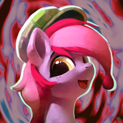 Size: 2896x2896 | Tagged: safe, artist:rvsd, oc, oc only, oc:jelly, pony, abstract background, bust, commission, hat, looking at you, male, open mouth, open smile, portrait, smiling, smiling at you, solo, stallion