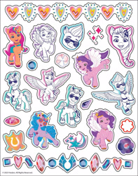 Size: 1394x1772 | Tagged: safe, hitch trailblazer, izzy moonbow, pipp petals, sunny starscout, zipp storm, earth pony, pegasus, unicorn, g5, my little pony: make your mark, official, 2d, adorapipp, adorazipp, bridlewoodstock, crystal, cute, flower, gemstones, heart, hitchbetes, izzybetes, looking at you, merchandise, raised hoof, smiling, smiling at you, sparkles, stars, sticker, sunnybetes, tattoo