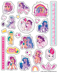 Size: 1393x1769 | Tagged: safe, hitch trailblazer, izzy moonbow, pipp petals, sunny starscout, zipp storm, earth pony, pegasus, unicorn, g5, my little pony: a new generation, official, 2d, crown, flying, gemstones, hug, jewelry, looking at you, merchandise, rainbow, raised hoof, regalia, slogan, smiling, smiling at you, sparkles, stars, sticker, tattoo, together forever, vector