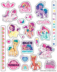 Size: 1393x1769 | Tagged: safe, hitch trailblazer, izzy moonbow, pipp petals, sprout cloverleaf, sunny starscout, zipp storm, earth pony, pegasus, unicorn, g5, my little pony: a new generation, official, 2d, bolt, horn, hug, merchandise, phone, rainbow, slogan, stars, sticker, tattoo, vector, wings