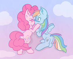 Size: 2500x2000 | Tagged: safe, artist:bubblegooey, pinkie pie, rainbow dash, earth pony, pegasus, pony, g4, blushing, cloud, cute, dashabetes, diapinkes, ear fluff, embarrassed, eyes closed, female, gradient background, high res, hooves on cheeks, kiss on the lips, kissing, lesbian, lidded eyes, lying down, mare, multicolored hair, pink mane, pinpoint eyes, prone, rainbow hair, ship:pinkiedash, shipping, signature, spread wings, wings