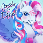 Size: 2400x2400 | Tagged: safe, artist:sparkytopia, star catcher, pegasus, pony, g3, blue background, blue eyes, blushing, bust, catchphrase, close-up, digital art, eyelashes, facial markings, female, high res, looking at you, mare, multicolored hair, multicolored mane, open mouth, open smile, painting, portrait, signature, simple background, smiling, smiling at you, solo, sparkles, spread wings, stars, text, wingding eyes, wings