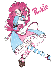 Size: 1968x2755 | Tagged: safe, artist:inuukit, pinkie pie, human, g4, bandaid, bandaid on nose, clothes, dress, eye clipping through hair, eyebrows, eyebrows visible through hair, female, humanized, kneesocks, peace sign, simple background, smiling, socks, solo, striped socks, victory sign, white background