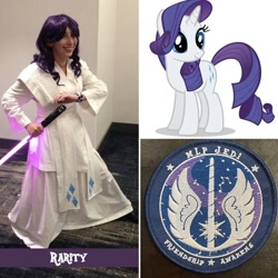 Size: 1080x1080 | Tagged: safe, artist:mlpjedi, rarity, human, pony, unicorn, g4, clothes, cosplay, costume, irl, irl human, jedi, lightsaber, photo, picture for breezies, solo, star wars, weapon