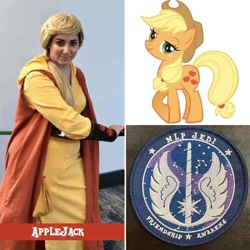 Size: 1080x1080 | Tagged: safe, artist:mlpjedi, applejack, earth pony, human, pony, g4, clothes, cosplay, costume, cowboy hat, female, hat, irl, irl human, jedi, lightsaber, photo, solo, star wars, weapon
