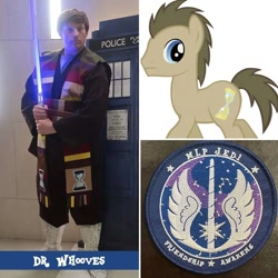 Size: 1080x1080 | Tagged: safe, artist:mlpjedi, doctor whooves, time turner, earth pony, human, pony, g4, boots, clothes, cosplay, costume, irl, irl human, jedi, lightsaber, photo, picture for breezies, shoes, solo, star wars, weapon