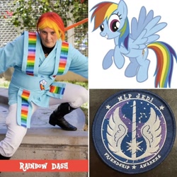 Size: 1080x1080 | Tagged: safe, artist:mlpjedi, rainbow dash, human, pegasus, pony, g4, boots, clothes, cosplay, costume, irl, irl human, jedi, lightsaber, photo, shoes, solo, star wars, weapon