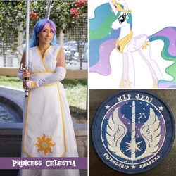 Size: 1080x1080 | Tagged: safe, artist:mlpjedi, princess celestia, alicorn, human, pony, g4, clothes, cosplay, costume, irl, irl human, jedi, lightsaber, photo, picture for breezies, solo, star wars, weapon