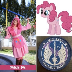 Size: 1080x1080 | Tagged: safe, artist:mlpjedi, pinkie pie, earth pony, human, pony, g4, boots, clothes, cosplay, costume, irl, irl human, jedi, lightsaber, photo, shoes, solo, star wars, weapon