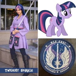 Size: 1080x1080 | Tagged: safe, artist:mlpjedi, twilight sparkle, human, pony, unicorn, g4, boots, clothes, cosplay, costume, irl, irl human, jedi, lightsaber, photo, shoes, solo, star wars, weapon