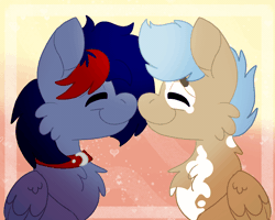 Size: 2500x2000 | Tagged: safe, artist:euspuche, oc, oc only, oc:dawn chaser, oc:onyx, pegasus, pony, abstract background, animated, cheek fluff, chest fluff, coat markings, collar, commission, eyes closed, folded wings, gay, gif, heart, holiday, looking at each other, looking at someone, love, male, male oc, nuzzling, oc x oc, pegasus oc, shipping, smiling, smiling at each other, stallion, stallion oc, two toned mane, valentine's day, wings, ych result