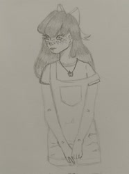 Size: 1520x2048 | Tagged: safe, artist:appljackgf, apple bloom, human, g4, clothes, freckles, humanized, jewelry, necklace, overalls, shirt, sketch, solo, t-shirt, traditional art