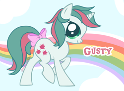 Size: 1500x1100 | Tagged: safe, artist:doodlesinky, gusty, pony, unicorn, g1, g4, my little pony 'n friends, female, full body, g4 style, green eyes, green mane, leaf, leaves, rainbow, red mane, redesign, solo, text