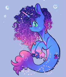 Size: 575x668 | Tagged: safe, artist:kreeeeeez, misty brightdawn, seapony (g4), unicorn, g5, blue background, bubble, colored sketch, curly hair, cute, dorsal fin, female, fin, fish tail, flowing mane, flowing tail, green eyes, horn, looking at you, mare, ocean, rebirth misty, seaponified, seapony misty brightdawn, simple background, sketch, solo, species swap, swimming, tail, underwater, unshorn fetlocks, water