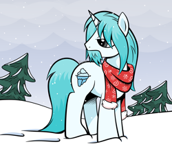 Size: 3048x2715 | Tagged: safe, artist:feather_bloom, oc, oc only, oc:blizzard blitz, pony, unicorn, andy price, clothes, cloud, cloudy, comic style, commission, gradient hair, scarf, simple shading, snow, snowfall, solo