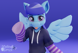 Size: 1137x774 | Tagged: safe, artist:melodismol, oc, oc only, oc:sierra nightingale, pegasus, semi-anthro, 3d, :p, blender, blender cycles, clothes, gradient background, hoodie, looking at you, raised hoof, simple background, smiling, socks, solo, spread wings, tongue out, waving, waving at you, wings
