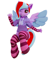 Size: 2000x2400 | Tagged: safe, artist:melodismol, oc, oc only, oc:star beats, pegasus, anthro, 3d, arm warmers, blender, blender cycles, clothes, flying, hairclip, hoodie, looking at you, one eye closed, simple background, socks, solo, striped socks, transparent background, waving, wings, wink