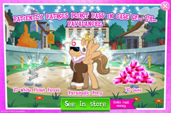 Size: 1956x1300 | Tagged: safe, gameloft, idw, fast recovery, paraheal, pegasus, pony, g4, my little pony: magic princess, official, advertisement, clothes, costs real money, english, fence, gem, helmet, idw showified, introduction card, jacket, male, mobile game, numbers, paramedic, sale, solo, spread wings, stallion, text, wings