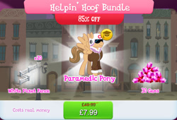 Size: 1266x860 | Tagged: safe, gameloft, idw, fast recovery, paraheal, pegasus, pony, g4, my little pony: magic princess, official, bundle, clothes, costs real money, english, fence, gem, helmet, helpin' hoof bundle, idw showified, jacket, male, mobile game, numbers, paramedic, sale, solo, spread wings, stallion, text, wings