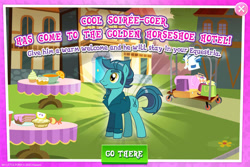Size: 1952x1301 | Tagged: safe, gameloft, idw, prim trim, earth pony, pony, g4, my little pony: magic princess, advertisement, clothes, english, facial hair, goatee, idw showified, introduction card, jacket, male, mobile game, numbers, sideburns, solo, stallion, text